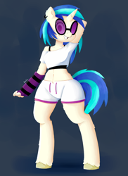 Size: 1600x2200 | Tagged: safe, artist:biocrine, dj pon-3, vinyl scratch, unicorn, anthro, g4, arm behind head, arm warmers, clothes, ear piercing, earring, female, jewelry, piercing, short shirt, shorts, simple background, solo