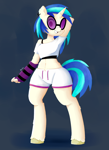 Size: 1600x2200 | Tagged: safe, artist:biocrine, dj pon-3, vinyl scratch, unicorn, anthro, arm behind head, arm warmers, clothes, ear piercing, earring, female, jewelry, piercing, short shirt, shorts, simple background, solo