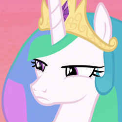 Size: 580x580 | Tagged: safe, screencap, princess celestia, alicorn, pony, a royal problem, g4, cropped, crown, female, frown, glare, jewelry, looking at someone, mare, morning, multicolored mane, regalia, solo, squint, sunrise