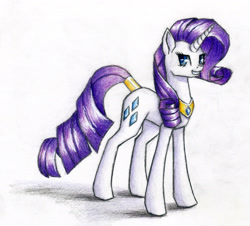 Size: 2578x2327 | Tagged: safe, artist:magical-marauder, rarity, pony, unicorn, g4, female, high res, mare, peytral, simple background, smiling, solo, tail jewelry, traditional art, white background