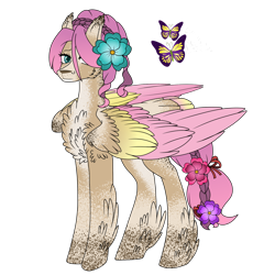 Size: 1280x1280 | Tagged: safe, artist:mischievousartist, oc, deer, deer pony, hybrid, original species, pegasus, peryton, pony, alternate design, chest fluff, colored wings, deerified, feathered fetlocks, female, flower, flower in hair, mare, not fluttershy, simple background, solo, species swap, transparent background, wings