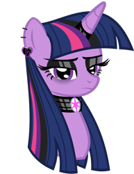 Size: 2494x3237 | Tagged: safe, artist:severity-gray, twilight sparkle, alicorn, pony, g4, alternate hairstyle, black eyeshadow, bust, choker, chokertwi, ear piercing, earring, eyeshadow, female, goth, gothic, high res, horn, horn ring, jewelry, makeup, piercing, portrait, ring, sad, simple background, solo, transparent background, twilight sparkle (alicorn)