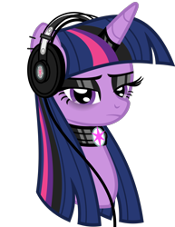 Size: 2494x3237 | Tagged: safe, alternate version, artist:severity-gray, twilight sparkle, alicorn, pony, g4, alternate hairstyle, black eyeshadow, bust, choker, chokertwi, ear piercing, earring, eyeshadow, female, goth, gothic, headphones, headset, high res, horn, horn ring, jewelry, makeup, piercing, portrait, ring, sad, simple background, solo, transparent background, twilight sparkle (alicorn), wires