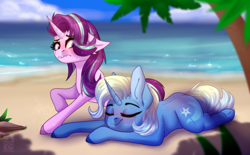 Size: 1920x1188 | Tagged: safe, artist:elektra-gertly, starlight glimmer, trixie, pony, unicorn, g4, beach, blushing, colored hooves, duo, duo female, female, lesbian, lip bite, lying down, mare, prone, ship:startrix, shipping, sploot, wavy mouth