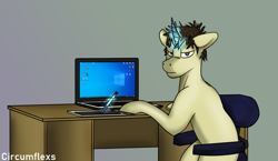Size: 1323x767 | Tagged: safe, artist:circumflexs, oc, oc only, pony, unicorn, bad hair, chair, desktop, digital painting, drawing, drawing tablet, laptop computer, looking at you, looking back, male, microsoft windows, notebook, office chair, pen, simple background, sitting, solo, stallion, table, windows 10