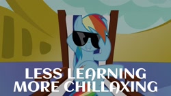 Size: 1920x1080 | Tagged: safe, edit, edited screencap, editor:quoterific, screencap, rainbow dash, pegasus, pony, every little thing she does, g4, chair, female, relaxing, solo, sunglasses, teeth