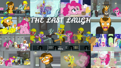 Size: 1975x1111 | Tagged: safe, edit, edited screencap, editor:quoterific, screencap, applejack, cheese sandwich, fluttershy, giggleberry, lavender chuckle, lavender flask, lemon honey, pinkie pie, pun twirl, rainbow dash, sans smirk, spike, earth pony, pegasus, pony, g4, the last laugh, applejack's hat, bipedal, collage, cowboy hat, eyes closed, female, grin, gritted teeth, hat, kneeling, male, microphone, nervous, nervous smile, nose in the air, open mouth, singing, smiling, stallion, teeth, twilight's castle