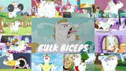 Size: 1974x1111 | Tagged: safe, edit, edited screencap, editor:quoterific, screencap, angel bunny, apple bloom, applejack, aura (g4), bluegrass, bulk biceps, carrot cake, fluttershy, lotus blossom, matilda, maud pie, noi, pinkie pie, rockhoof, rumble, scootaloo, spike, spring melody, sprinkle medley, sweetie belle, twilight sparkle, alicorn, bull, dragon, earth pony, pegasus, pony, rabbit, a rockhoof and a hard place, a trivial pursuit, all bottled up, castle sweet castle, equestria games (episode), flight to the finish, g4, hurricane fluttershy, inspiration manifestation, on your marks, rainbow falls, the fault in our cutie marks, wonderbolts academy, alternate hairstyle, animal, applejack's hat, clothes, cowboy hat, cutie mark crusaders, female, filly, hat, male, open mouth, stallion, twilight sparkle (alicorn), uniform, weight lifting, wonderbolts uniform, yeah!!!!!!!!