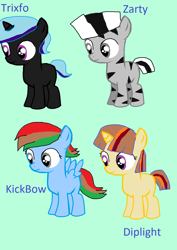 Size: 950x1340 | Tagged: safe, artist:sweetheart1012, oc, oc only, pegasus, pony, unicorn, zebra, crossover, crossover ship offspring, diplight, gravity falls, green background, interspecies offspring, kick buttowski suburban daredevil, madagascar (dreamworks), male, offspring, parent:dipper pines, parent:kick buttowski, parent:magnifo, parent:marty, parent:rainbow dash, parent:trixie, parent:twilight sparkle, parent:zecora, parents:diplight, parents:kickbow, parents:trixfo, parents:zarty, simple background