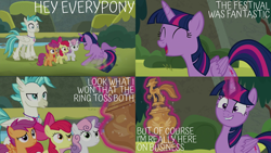 Size: 1986x1117 | Tagged: safe, edit, edited screencap, editor:quoterific, screencap, apple bloom, scootaloo, sweetie belle, terramar, twilight sparkle, alicorn, earth pony, griffon, pegasus, pony, unicorn, g4, surf and/or turf, butt, cutie mark crusaders, eyes closed, female, filly, glowing horn, gritted teeth, horn, magic, magic aura, male, open mouth, plot, teeth, trophy, twibutt, twilight sparkle (alicorn)