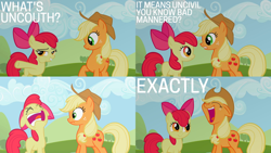 Size: 1986x1117 | Tagged: safe, edit, edited screencap, editor:quoterific, screencap, apple bloom, applejack, earth pony, pony, g4, sisterhooves social, applejack's hat, bow, burp, cowboy hat, duo, duo female, eyes closed, female, hat, open mouth, shocked