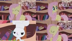 Size: 2000x1125 | Tagged: safe, edit, edited screencap, editor:quoterific, screencap, angel bunny, fluttershy, pegasus, pony, rabbit, g4, season 1, the ticket master, angel bunny is not amused, animal, chef, chef's hat, crossed arms, eyes closed, female, golden oaks library, hat, male, open mouth, unamused