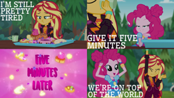Size: 1986x1117 | Tagged: safe, edit, edited screencap, editor:quoterific, screencap, pinkie pie, sunset shimmer, equestria girls, equestria girls series, g4, wake up!, spoiler:choose your own ending (season 2), spoiler:eqg series (season 2), caption this, drinking, duo, eyes closed, female, open mouth, smugpie, sugar rush, time card, wake up!: pinkie pie