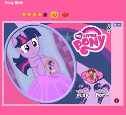 Size: 711x649 | Tagged: safe, artist:bronyboy, twilight sparkle, pony, unicorn, g4, art theft, baby, baby pony, belly, big belly, bootleg, boots the monkey, clone, diaper, dora márquez, dora the explorer, female, filly, filly twilight sparkle, flash game, foal, funny, game, heart pony, playdora, pony birth, pregnant, show accurate, unicorn twilight, video game, wat, why, younger