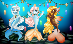 Size: 5000x3000 | Tagged: safe, artist:ashestoashkar, oc, oc only, oc:golden caramel, oc:sweet tear, oc:toxic terror, hybrid, jellyfish, merpony, seapony (g4), starfish, celebration, colored pupils, commission, decoration, eyelashes, eyes closed, festival, fish tail, flowing mane, flowing tail, horn, long mane, open mouth, party, seaponified, seaquestria, seashell, shell, smiling, species swap, tail, underwater, water, wings