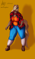 Size: 6000x10000 | Tagged: safe, artist:acrylicbristle, oc, oc only, oc:runami, unicorn, anthro, plantigrade anthro, anthro oc, big breasts, breasts, busty oc, clothes, curvy, eye clipping through hair, female, flannel, long hair, pants, pinup, pose, shadow, shirt, shoes, simple background, socks, solo, thick, tight clothing, wide hips