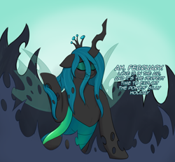 Size: 4000x3708 | Tagged: safe, artist:czu, part of a set, queen chrysalis, changeling, changeling queen, g4, abstract background, bipedal, changeling hive, dialogue, eyes closed, february, female, open mouth, playing with hair, raised hoof, smiling, solo, weight gain sequence