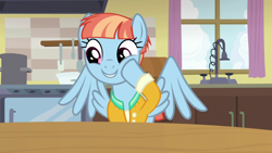Size: 1920x1080 | Tagged: safe, screencap, windy whistles, pegasus, pony, g4, parental glideance, cute, female, grin, hoof on cheek, kitchen, mare, raised hoof, smiling, solo, table, windybetes