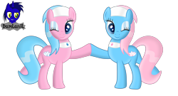 Size: 7680x4154 | Tagged: safe, artist:damlanil, aloe, lotus blossom, earth pony, pony, g4, duo, eyes closed, eyeshadow, female, hoofbump, makeup, mare, one eye closed, shiny mane, show accurate, siblings, simple background, sisters, spa pony, spa twins, transparent background, vector, wink