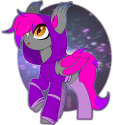 Size: 2088x2308 | Tagged: safe, artist:angelina-pax, oc, oc only, oc:tiny taffy, bat pony, pony, bat pony oc, clothes, cute, ear fluff, fangs, high res, highlights, hoodie, looking up, open mouth, simple background, solo, transparent background
