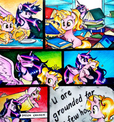 Size: 862x928 | Tagged: safe, artist:liaaqila, luster dawn, twilight sparkle, alicorn, pony, unicorn, g4, the last problem, annoyed, book, cannon, comic, cross-popping veins, cute, duo, duo female, emanata, eyes closed, female, glowing horn, grounded, helmet, holding a pony, horn, levitation, lusterbetes, magic, moon, mouth hold, older, older twilight, older twilight sparkle (alicorn), pony cannonball, princess twilight 2.0, scruff, telekinesis, that pony sure does love books, this will end in a trip to the moon, to the moon, traditional art, twilight burgkle, twilight sparkle (alicorn)