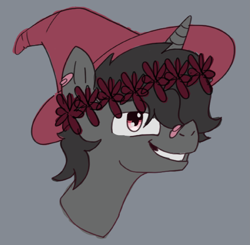 Size: 1665x1634 | Tagged: safe, artist:dark shadow, oc, oc only, pony, unicorn, bandaid on nose, bust, floral head wreath, flower, hat, simple background, smiling, smirk, solo