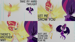 Size: 1986x1117 | Tagged: safe, edit, edited screencap, editor:quoterific, screencap, sci-twi, sunset shimmer, twilight sparkle, equestria girls, g4, my little pony equestria girls: friendship games, daydream shimmer, duo, duo female, female, midnight sparkle, open mouth