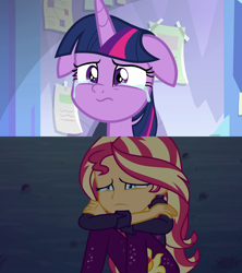Size: 1920x2160 | Tagged: safe, edit, edited screencap, screencap, sunset shimmer, twilight sparkle, alicorn, human, pony, equestria girls, equestria girls series, g4, season 9, sunset's backstage pass!, the ending of the end, spoiler:eqg series (season 2), comparison, crying, crylight sparkle, music festival outfit, sad, scared, series finale blues, sunsad shimmer, tears of fear, teary eyes, twilight sparkle (alicorn)