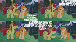 Size: 1986x1117 | Tagged: safe, edit, edited screencap, editor:quoterific, screencap, bright mac, pear butter, earth pony, pony, g4, the perfect pear, bright mac's hat, cowboy hat, duo, female, hat, male, marriage, open mouth, teeth