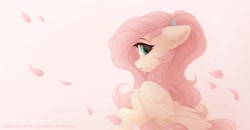 Size: 3000x1560 | Tagged: safe, artist:vird-gi, artist:whiteliar, fluttershy, pegasus, pony, g4, chest fluff, collaboration, crying, cute, female, floppy ears, flower petals, folded wings, hair tie, high res, looking at you, mare, open mouth, profile, raised hoof, sad, sadorable, shyabetes, side view, simple background, solo, teary eyes, wings