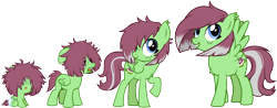 Size: 5744x2257 | Tagged: safe, artist:lightning stripe, derpibooru exclusive, oc, oc only, oc:watermelon success, pegasus, pony, g4, :p, age progression, blue eyes, chest fluff, commission, covered eyes, cute, diaper, ear fluff, female, filly, floppy ears, foal, freckles, grin, hair over eyes, hair over one eye, mare, messy mane, ocbetes, open mouth, raised hoof, red mane, show accurate, simple background, sitting, smiling, solo, spread wings, teenager, three quarter view, tongue out, tooth gap, transparent background, two toned mane, two toned tail, vector, wings
