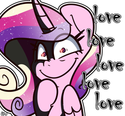 Size: 1490x1381 | Tagged: safe, artist:lou, princess cadance, alicorn, pony, g4, bust, female, insanity, looking at you, love, mare, princess yandance, smiling, solo, yandere