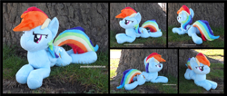 Size: 4118x1754 | Tagged: safe, artist:peruserofpieces, rainbow dash, pegasus, pony, g4, beanie (plushie), determined, female, irl, lying down, mare, photo, plushie, prone, smiling, sploot, tree, wings