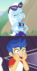 Size: 672x1276 | Tagged: safe, edit, edited screencap, screencap, flash sentry, trixie, equestria girls, equestria girls specials, g4, my little pony equestria girls: better together, my little pony equestria girls: forgotten friendship, my little pony equestria girls: spring breakdown, belly button, bikini, clothes, comparison, eyes closed, female, hand on hip, male, sarong, sentrixie, shipping, shipping domino, straight, swimsuit