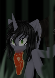 Size: 2100x3000 | Tagged: safe, artist:san_saniych, pony, unicorn, commission, disguise, disguised siren, fangs, food, high res, horn, jewelry, kellin quinn, male, meat, mouth hold, necklace, ponies eating meat, ponified, sleeping with sirens, slit pupils, solo, stallion, ych result