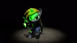 Size: 1920x1080 | Tagged: artist needed, source needed, safe, oc, oc only, oc:littlepip, pony, unicorn, fallout equestria, 3d, angry, clothes, female, gun, handgun, jumpsuit, little macintosh, looking at you, magic, mare, raised hoof, revolver, scrunchy face, source filmmaker, telekinesis, vault suit