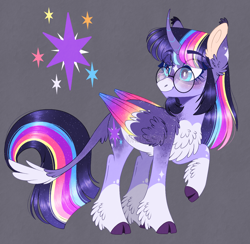 Size: 1254x1224 | Tagged: safe, artist:wanderingpegasus, twilight sparkle, alicorn, pony, alternate design, alternate hairstyle, blushing, chest fluff, cloven hooves, coat markings, colored wings, curved horn, ear fluff, facial markings, female, freckles, glasses, gray background, horn, leg fluff, leonine tail, mare, markings, multicolored mane, multicolored tail, multicolored wings, pale belly, raised hoof, redesign, simple background, socks (coat markings), solo, star (coat marking), twilight sparkle (alicorn), unshorn fetlocks, wings