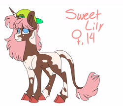 Size: 3239x2780 | Tagged: safe, artist:dodiejinx, oc, oc only, oc:sweet lily, pony, unicorn, backwards ballcap, baseball cap, cap, hat, high res, offspring, parent:button mash, parent:sweetie belle, parents:sweetiemash, simple background, solo, white background