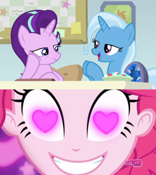 Size: 852x955 | Tagged: safe, edit, edited screencap, screencap, pinkie pie, starlight glimmer, trixie, a horse shoe-in, coinky-dink world, eqg summertime shorts, equestria girls, g4, female, heart eyes, lesbian, meme, pinkie's eyes, ship:startrix, shipping, wingding eyes