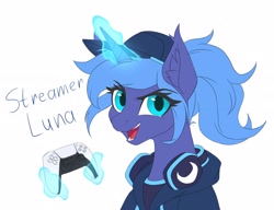 Size: 2616x2006 | Tagged: safe, artist:strafe blitz, princess luna, alicorn, pony, gamer luna, g4, alternate hairstyle, cap, clothes, console, controller, ear fluff, female, glowing horn, hat, headphones, high res, horn, magic, mare, open mouth, playstation 5, s1 luna, simple background, slender, telekinesis, thin, white background