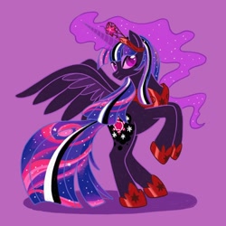 Size: 1080x1080 | Tagged: safe, artist:mediocremare, twilight sparkle, alicorn, pony, g4, corrupted twilight sparkle, ethereal mane, female, glowing horn, hoof shoes, horn, jewelry, looking back, mare, nightmare fuel, nightmare night, nightmare twilight, nightmarified, peytral, protagonist, prototype, purple background, rearing, simple background, solo, starry mane, tiara, twilight sparkle (alicorn), wings