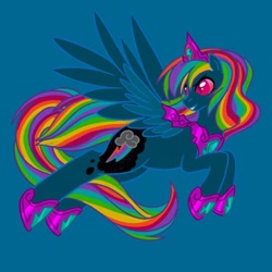 Size: 1080x1080 | Tagged: safe, artist:mediocremare, rainbow dash, pegasus, pony, g4, blue background, female, flying, hoof shoes, jewelry, looking back, mare, nightmare rainbow dash, nightmarified, peytral, simple background, solo, tiara, wings