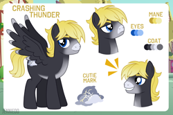 Size: 1200x798 | Tagged: safe, artist:jennieoo, oc, oc only, oc:crashing thunder, pegasus, pony, cutie mark, happy, reference sheet, show accurate, smiling, solo, vector