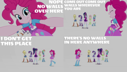 Size: 1986x1117 | Tagged: safe, edit, edited screencap, editor:quoterific, screencap, applejack, fluttershy, pinkie pie, rainbow dash, rarity, sci-twi, twilight sparkle, equestria girls, equestria girls specials, g4, my little pony equestria girls: mirror magic, breaking the fourth wall, clothes, eyes closed, humane five, humane six, open mouth, walking