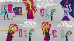 Size: 1986x1117 | Tagged: safe, edit, edited screencap, editor:quoterific, screencap, applejack, fluttershy, pinkie pie, rainbow dash, sci-twi, sunset shimmer, twilight sparkle, equestria girls, equestria girls specials, g4, my little pony equestria girls: better together, my little pony equestria girls: rollercoaster of friendship, angry, applejack's hat, clothes, cowboy hat, female, geode of empathy, geode of fauna, geode of sugar bombs, geode of super speed, geode of super strength, geode of telekinesis, glasses, hat, magical geodes, open mouth, rage face, rageset shimmer