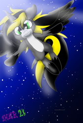 Size: 2013x2979 | Tagged: safe, artist:juliet-gwolf18, oc, oc only, oc:juliet, alicorn, pony, alicorn oc, eyelashes, female, flying, high res, hoof shoes, horn, mare, night, smiling, solo, stars, wings