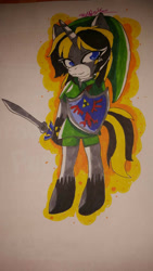 Size: 747x1328 | Tagged: safe, artist:juliet-gwolf18, oc, oc only, unicorn, anthro, unguligrade anthro, clothes, cosplay, costume, female, hat, hoof shoes, horn, link, shield, solo, sword, the legend of zelda, traditional art, unicorn oc, weapon