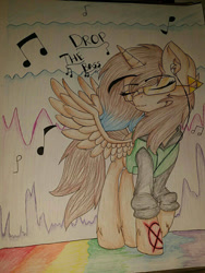Size: 960x1280 | Tagged: safe, artist:juliet-gwolf18, oc, oc only, oc:sketchy, alicorn, pony, alicorn oc, clothes, earbuds, electrocardiogram, eyes closed, horn, music notes, solo, traditional art, wings