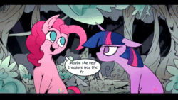 Size: 1920x1080 | Tagged: safe, ai assisted, ai content, artist:colochenni, fifteen.ai, pinkie pie, twilight sparkle, earth pony, pony, unicorn, g4, ai voice, animated, female, forest, mare, out of character, scrunchy face, sound, twilight sparkle is not amused, unamused, unicorn twilight, varying degrees of amusement, webm
