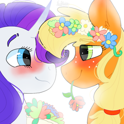 Size: 768x768 | Tagged: safe, artist:valkiria, applejack, rarity, earth pony, pony, unicorn, g4, blushing, cute, duo, eye contact, female, floral head wreath, flower, horn, jackabetes, lesbian, looking at each other, mouth hold, raribetes, ship:rarijack, shipping, smiling